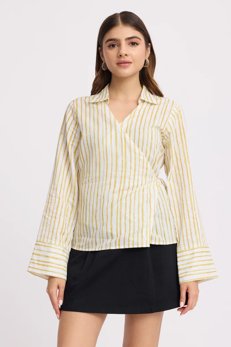 Jennie|100% Cotton Wrap Style Long Sleeve Shirt