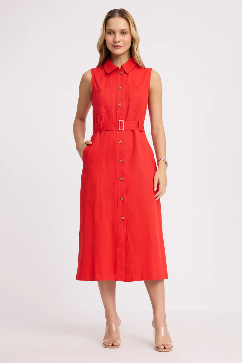 Tseten|100% Cotton Belted Shirt Dress