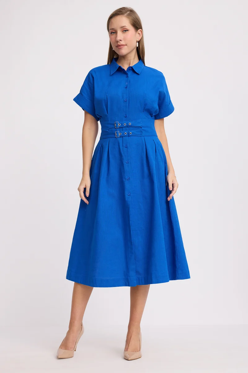Betie|100% Cotton Double Belted Midi Dress
