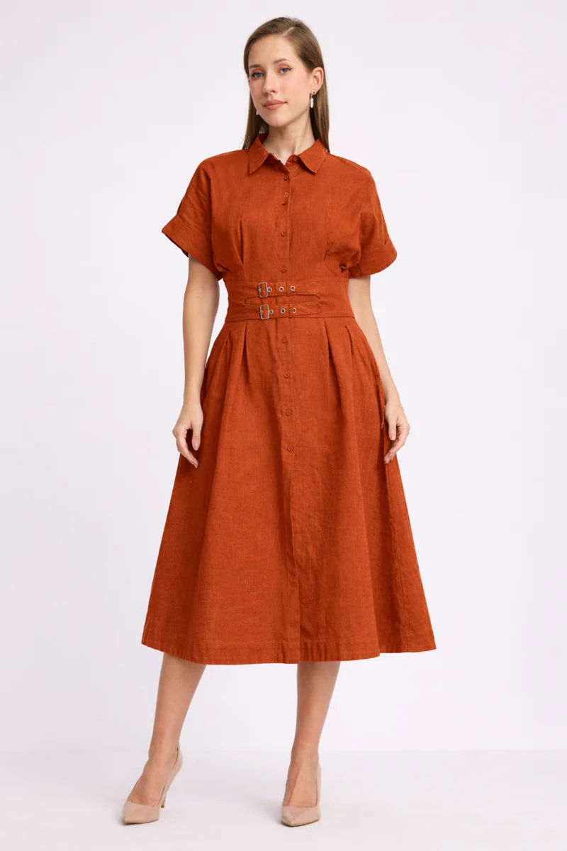 Candi|100% Cotton Double Belted Midi Dress