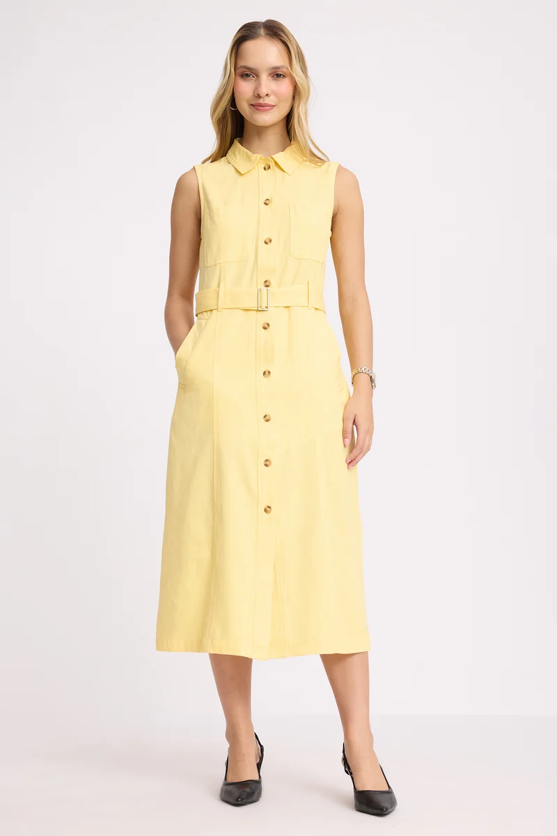 Tsezin|100% Cotton Belted Shirt Dress