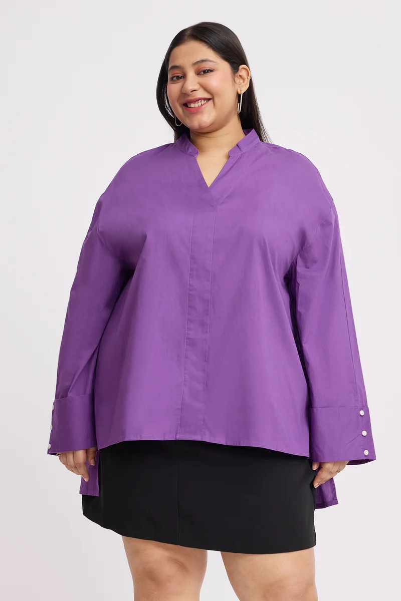 Yodon|100% Cotton Boxy Fit Mock Placket Shirt
