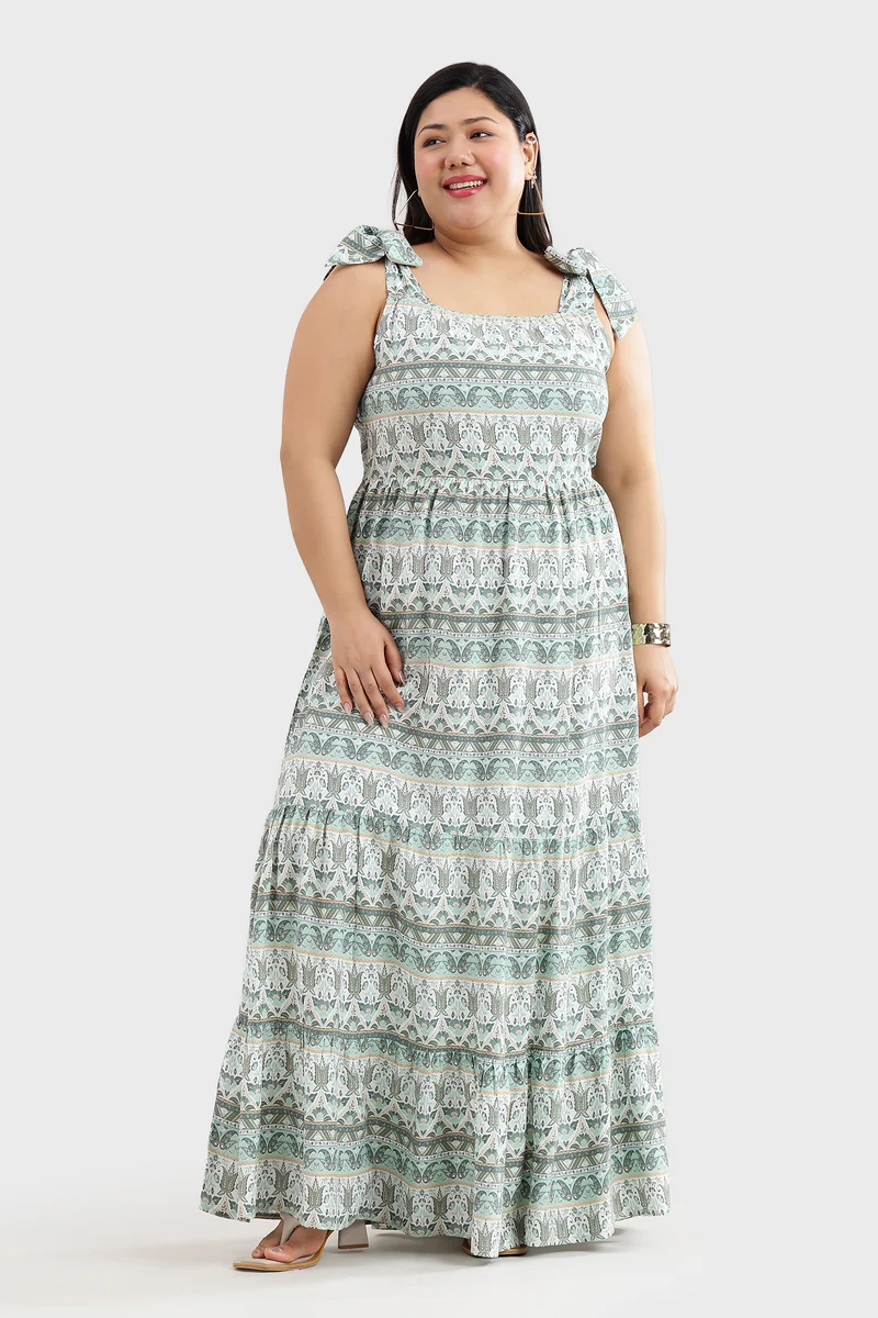 Canel|100% Viscose Printed Dress With Tie-Ups