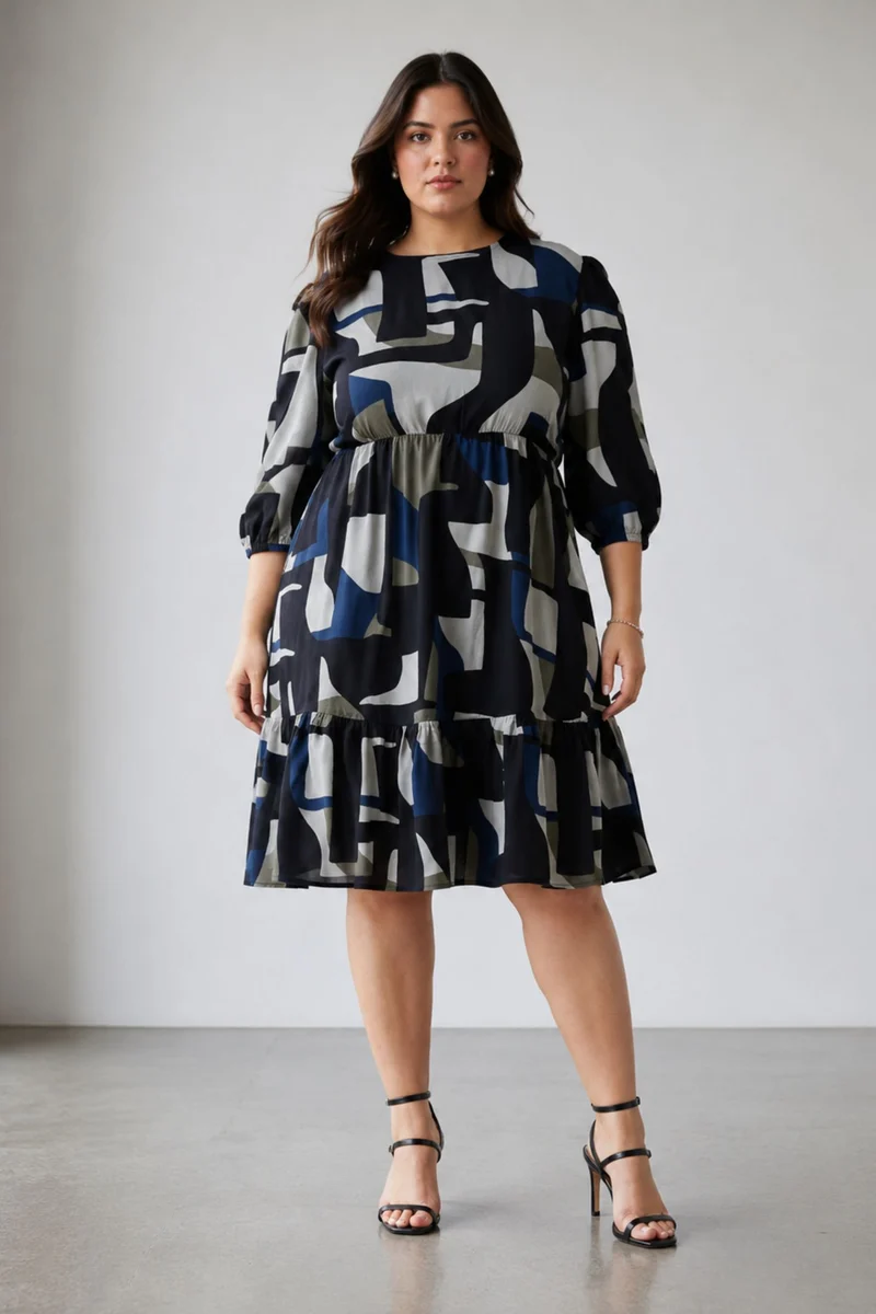Elly|100% Viscose Abstract Printed Tiered Dress