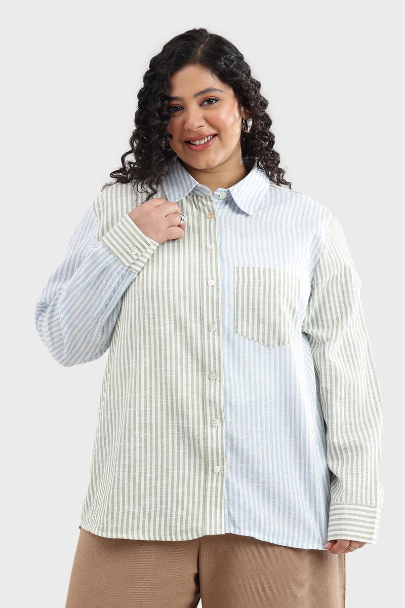 Catna|100% Cotton Color-Blocked Striped Shirt