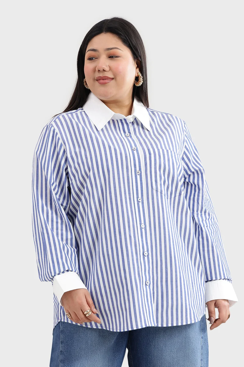 Carie|100% Cotton White Collar Stripe Shirt