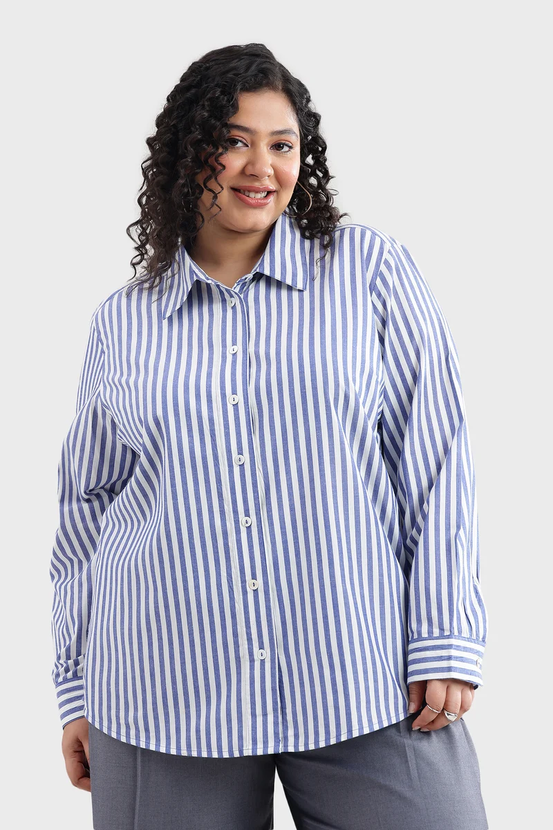Casah|100% Cotton Blue & White Striped Shirt