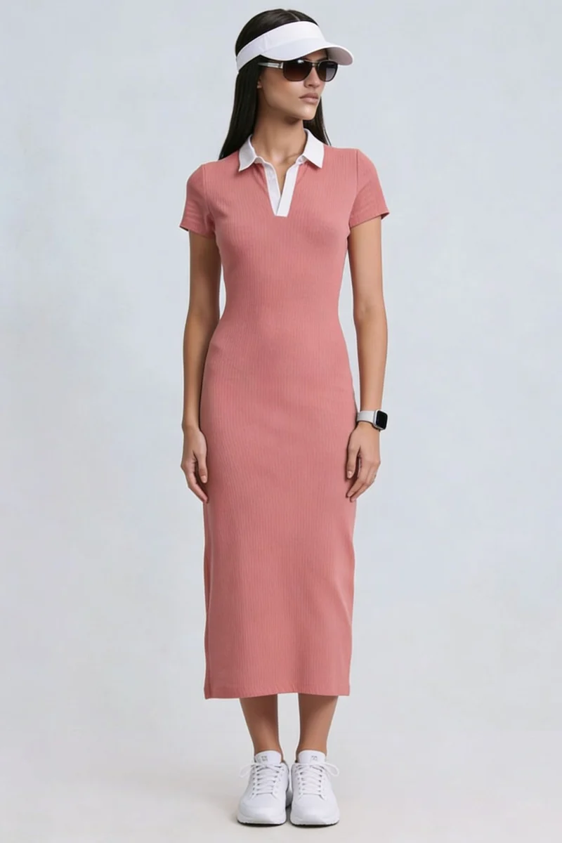 Nanai|100% Cotton Contrast Placket Midi Knit Dress