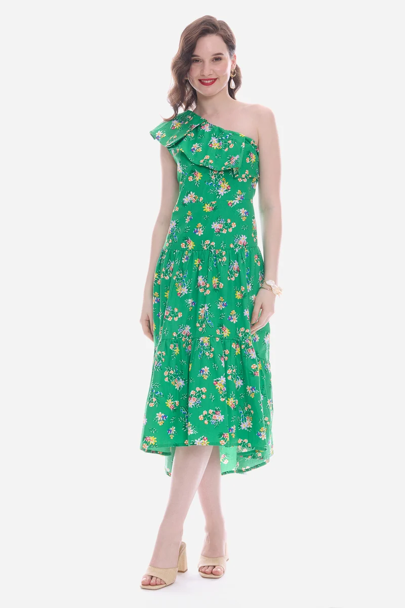 Elvy|100% Cotton One Shoulder Midi Dress