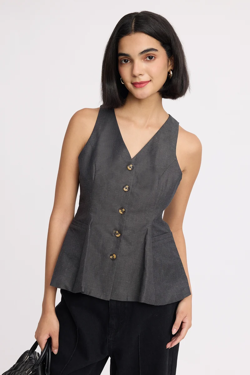 Tobgye Top|100% Cotton Sleeveless Peplum Waistcoat