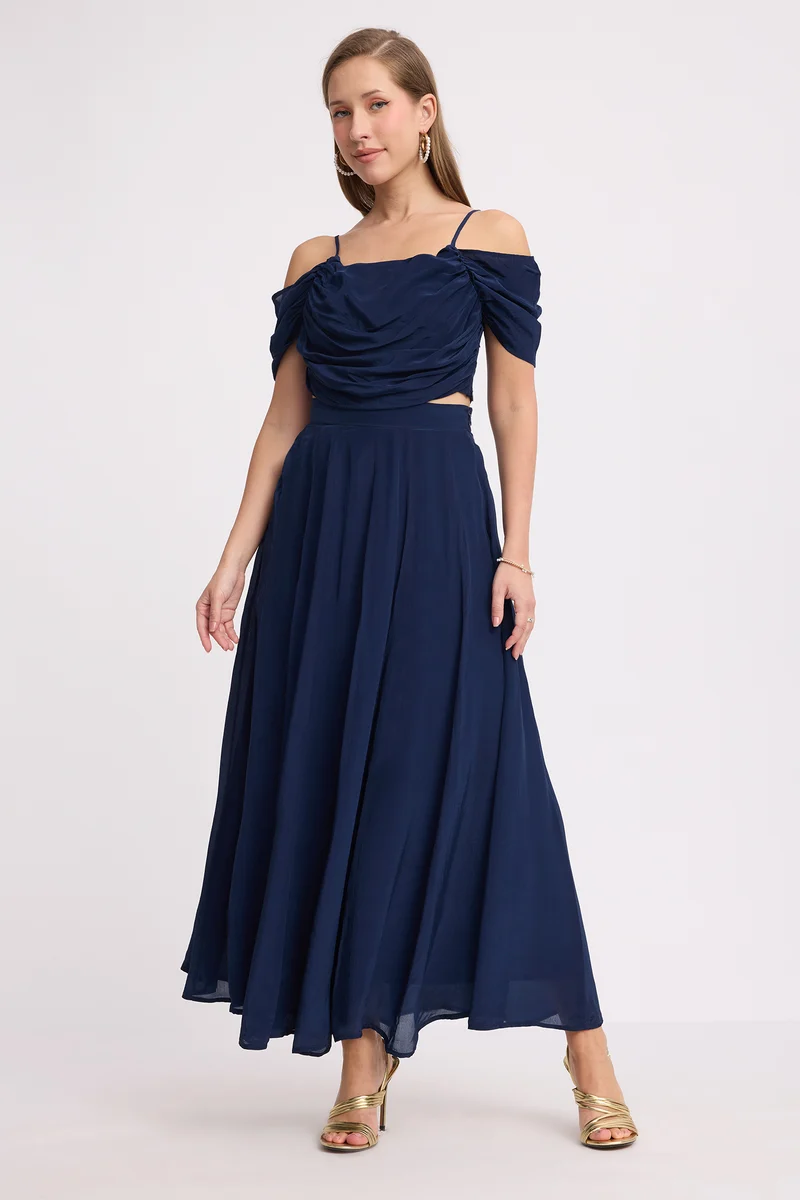 Shizuka Co-Ord|100% Viscose Draped Top With Flare Skirt