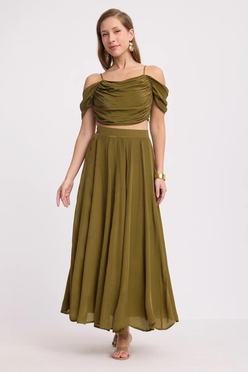 Saki Co-Ord|100% Viscose Draped Top With Flare Skirt