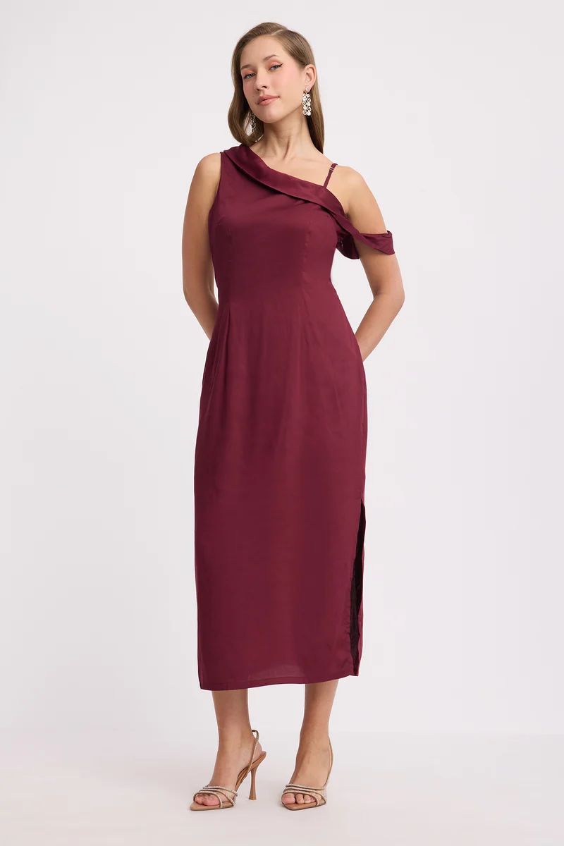 Emdla|100% Viscose One Shoulder Cowl Bodycon Dress