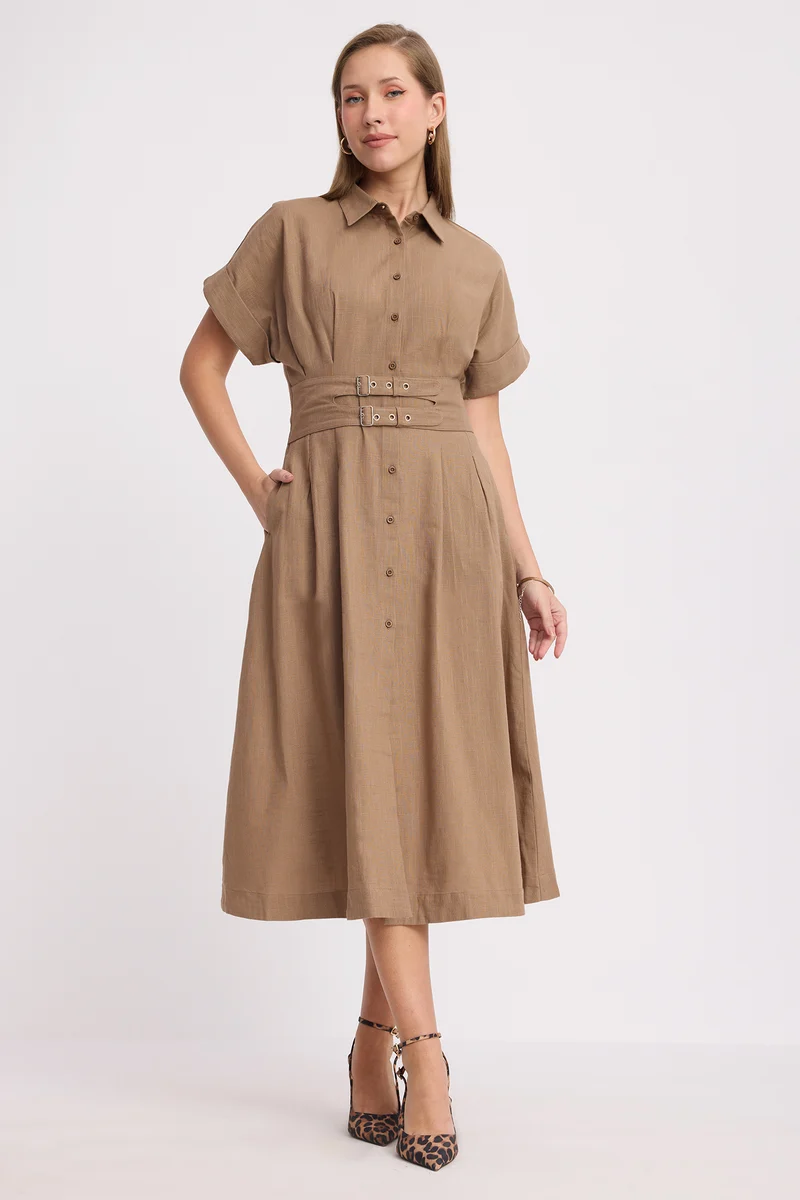 Baile|100% Cotton Double Belted Midi Dress