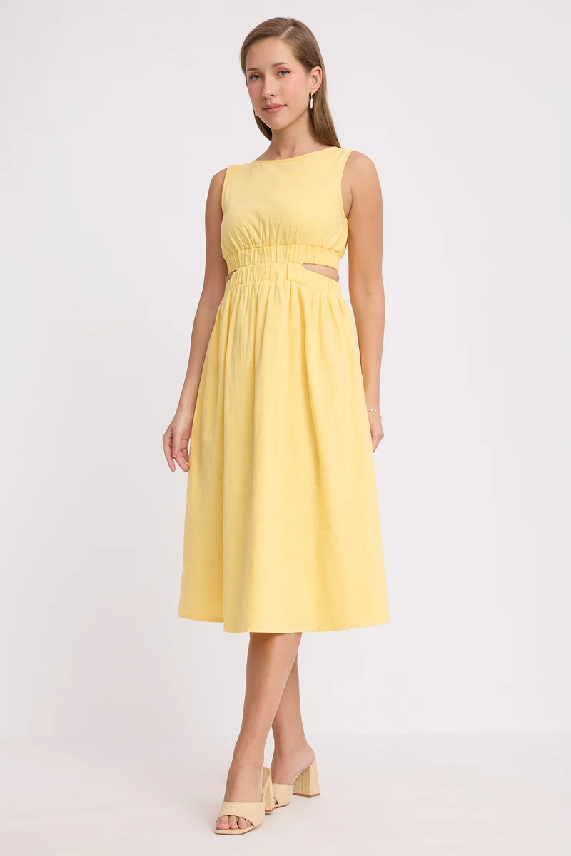 Aoi|100% Cotton Waist Cut Out Midi Dress