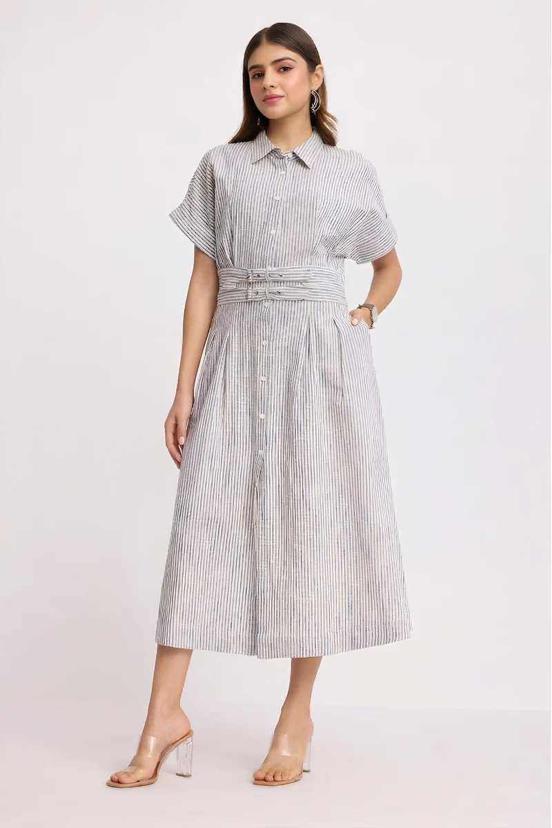 Crema|100% Cotton Double Belted Midi Dress