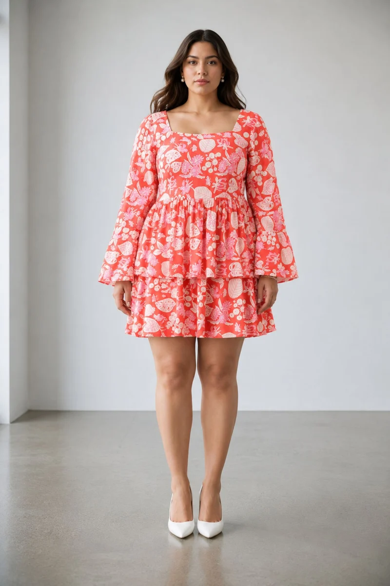 Caoy|100% Viscose Printed Layered Mini Dress