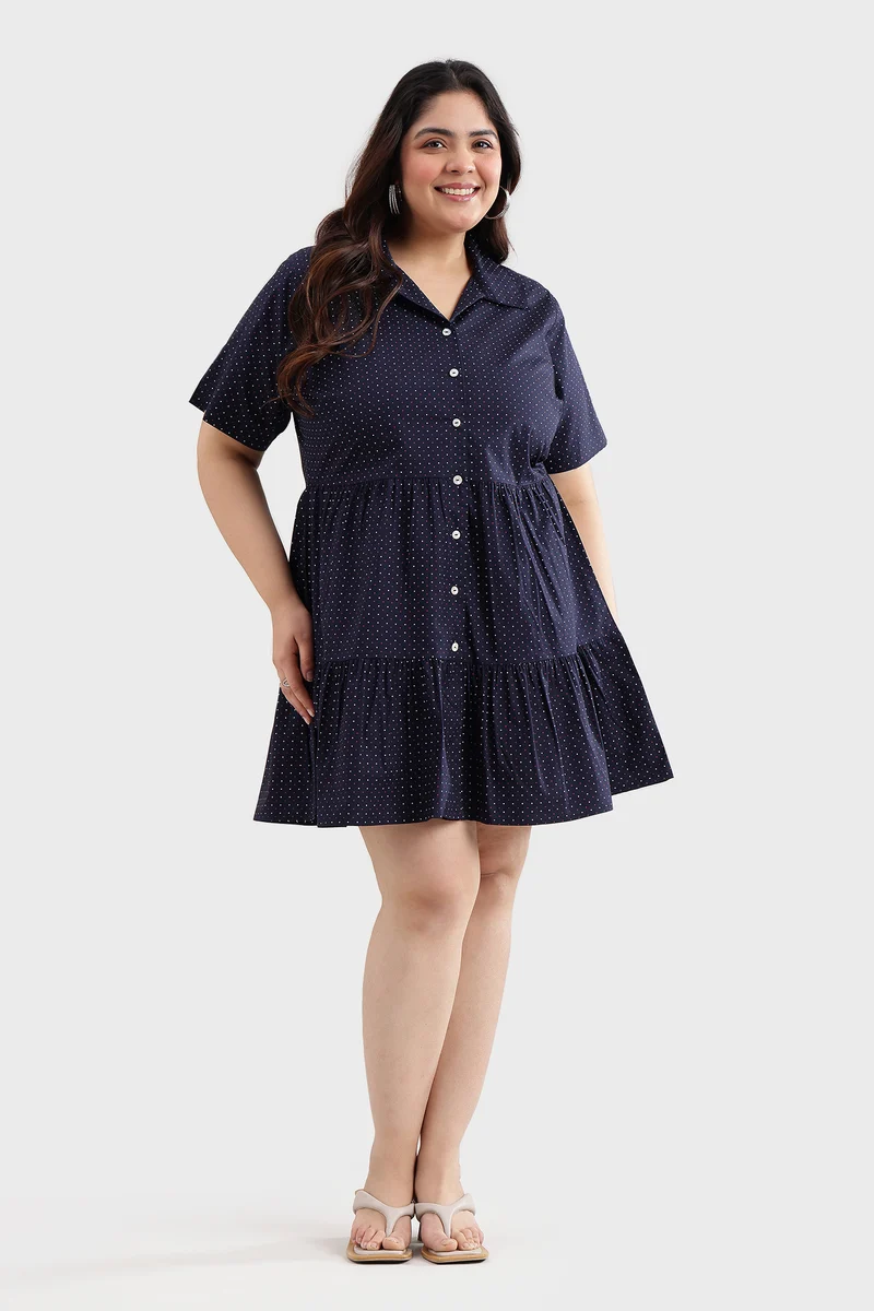 Canis|100% Cotton Polka Print Mini Shirt Dress
