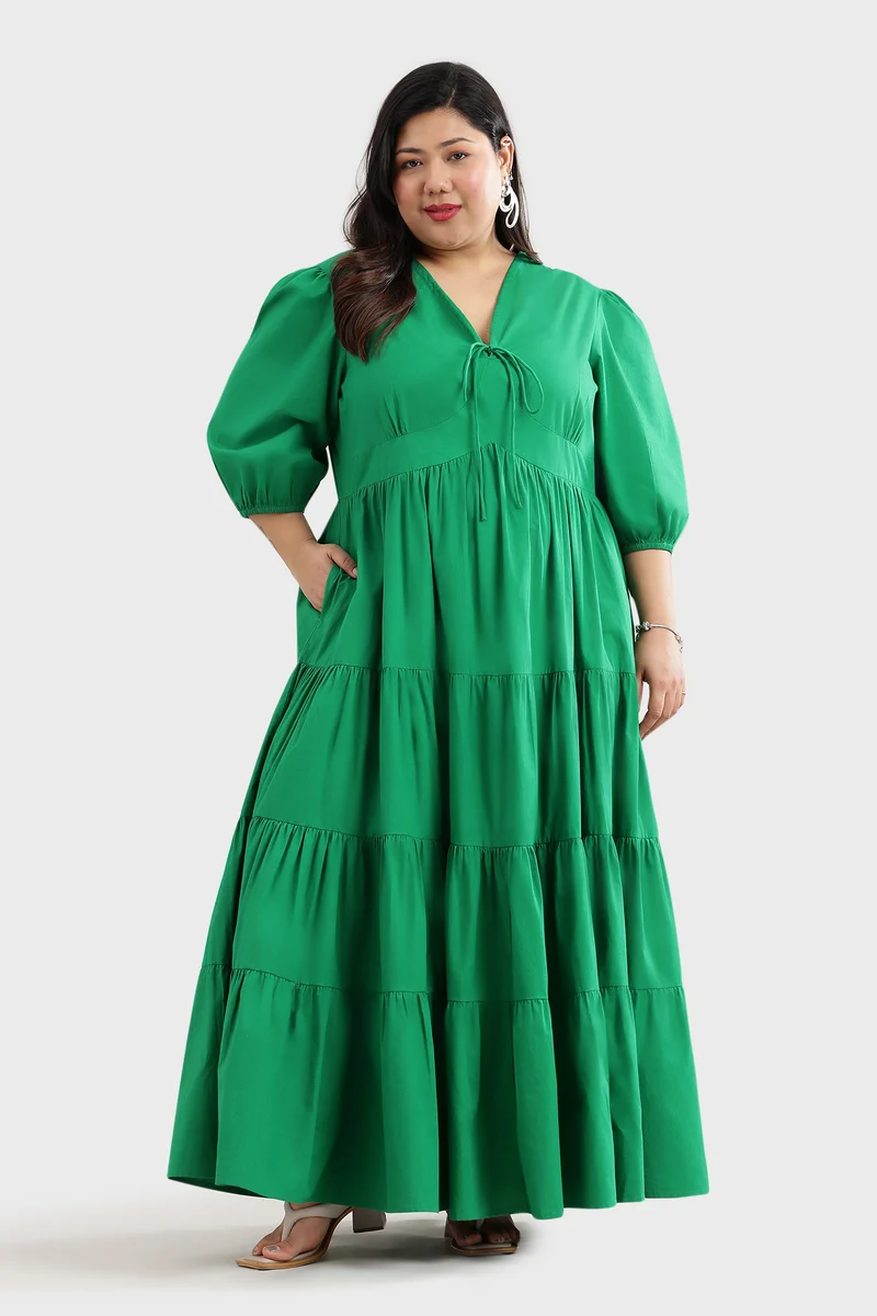 Elmen|100% Cotton V-Neck Tie-Up Tiered Dress