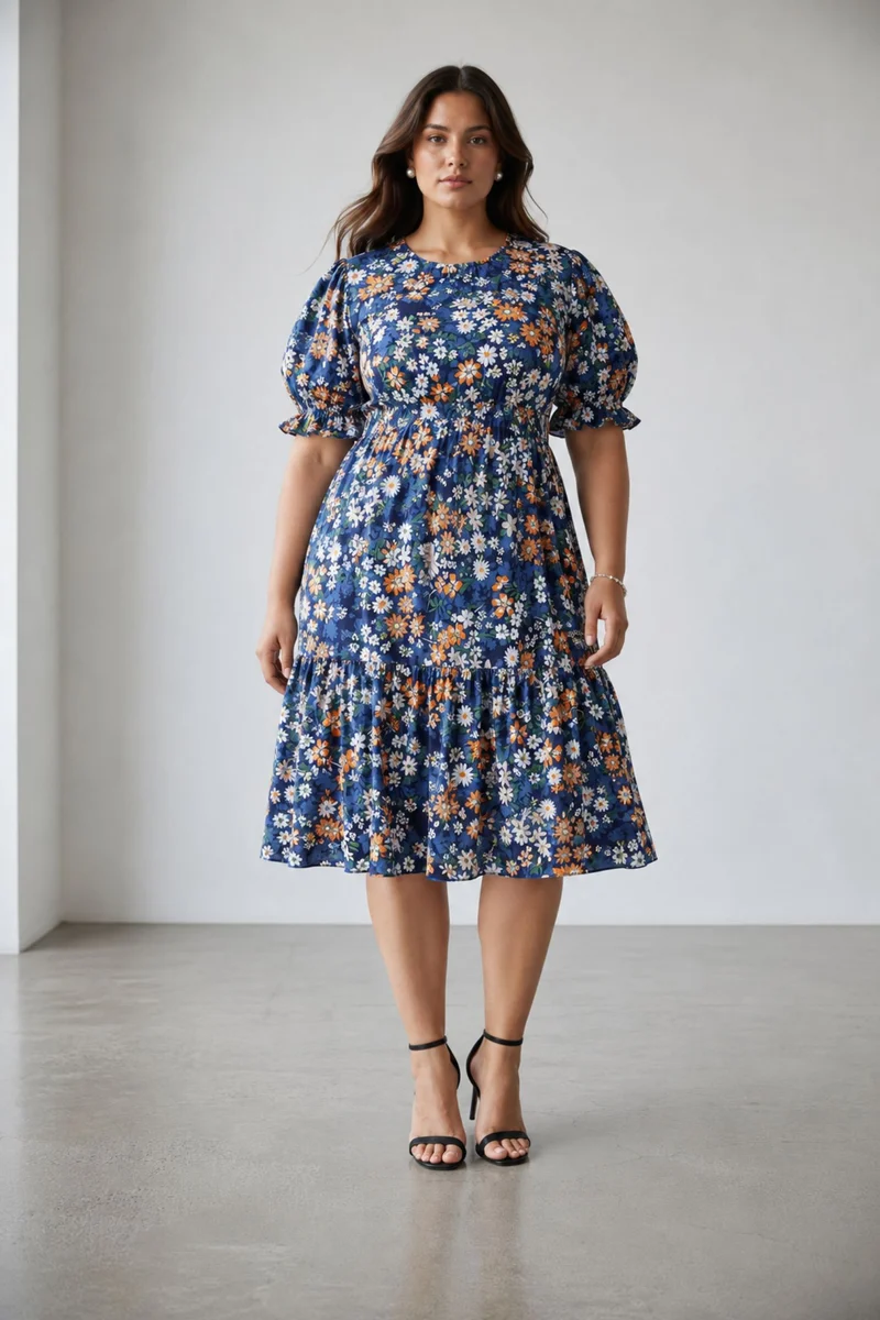 Elria|100% Viscose Printed High Neck Midi Dress