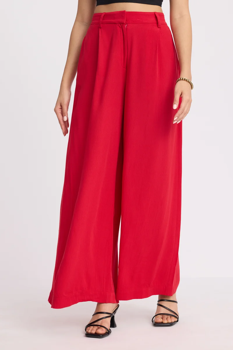 Isrla|100% Viscose Wide Leg Pleated Trousers