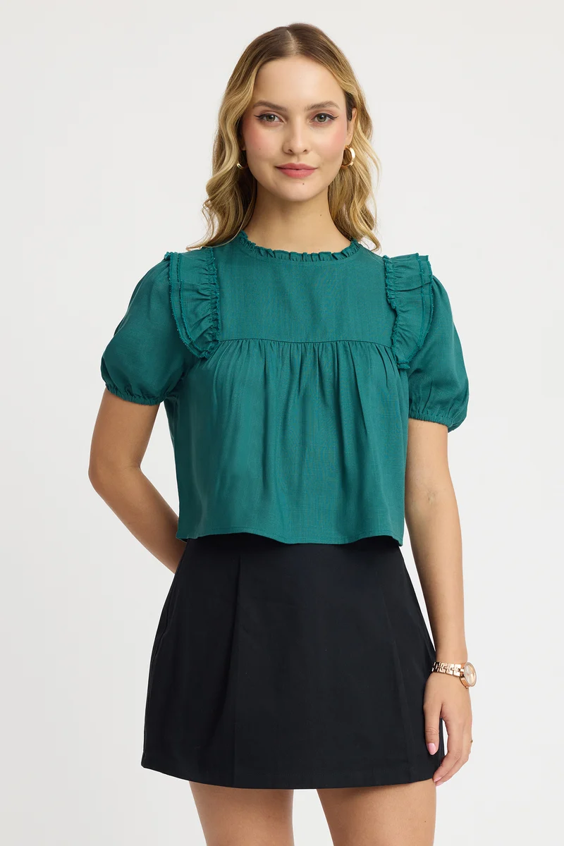 Pasangi|100% Viscose Ruffle Boxy Crop Top