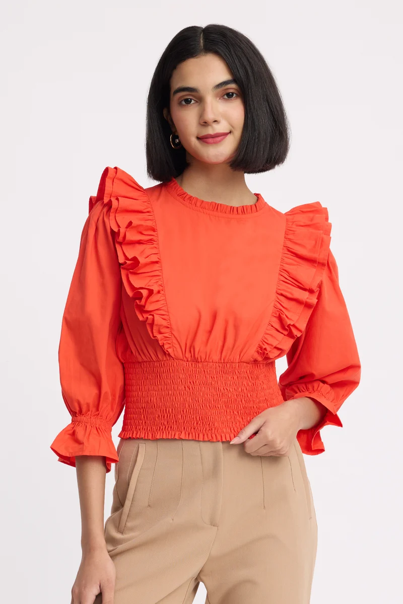 Issis|100% Cotton Ruffled Neck Crop Top