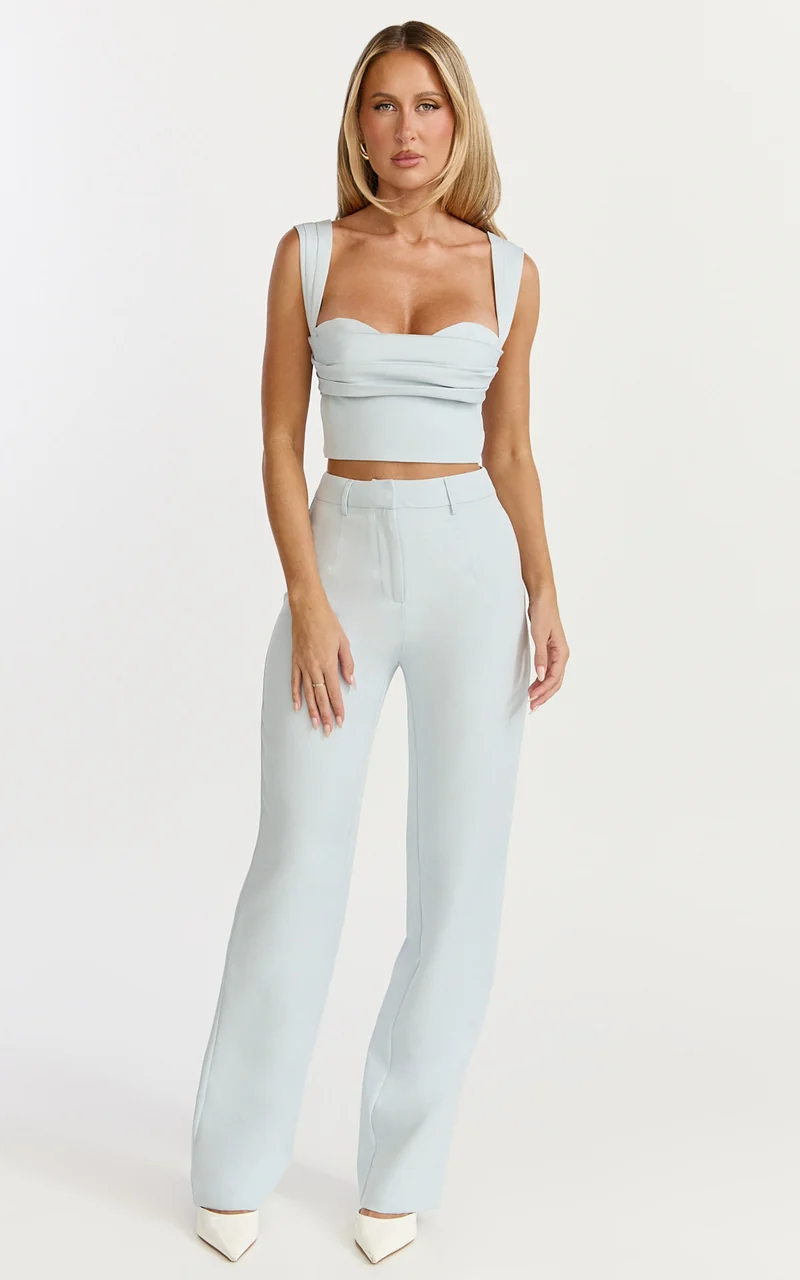 Kenna Two Piece Set - Gathered Bust Top And High Waist Straight Leg Pants Set in Baby Blue