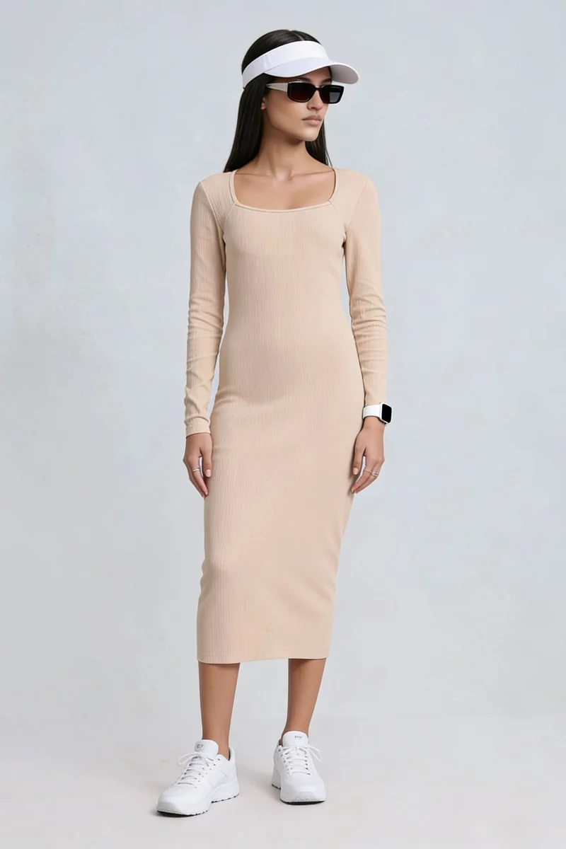Ganu|100% Cotton Square Neck Ribbed Dress
