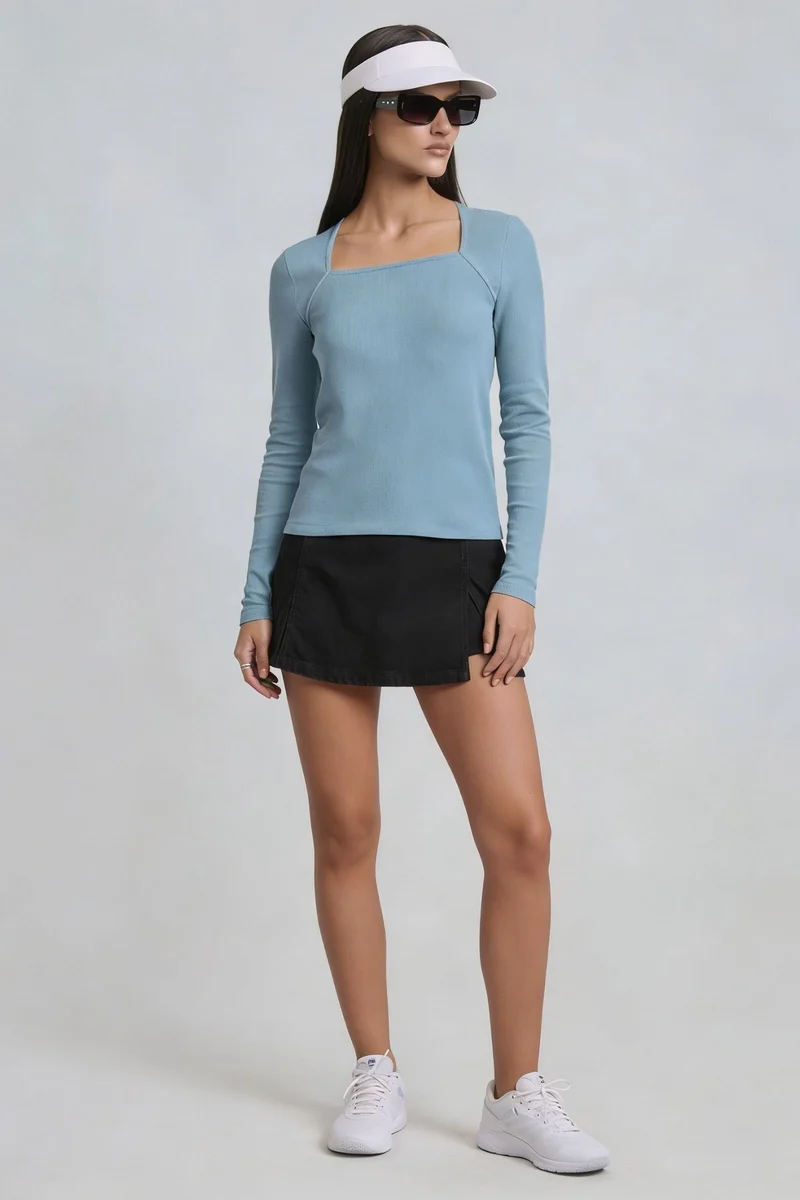 Mufaya|100% Cotton Raglan Sleeve Fitted Knit Top