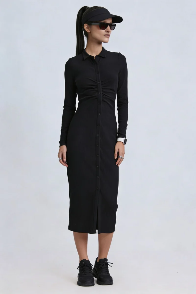 Nanaiu|100% Cotton Ruched Front Rib Midi Dress