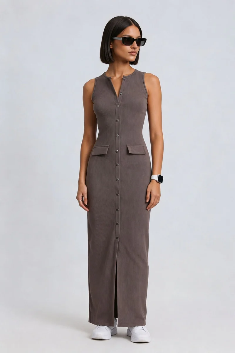 Gana|100% Cotton Ribbed Front Closure Maxi Dress