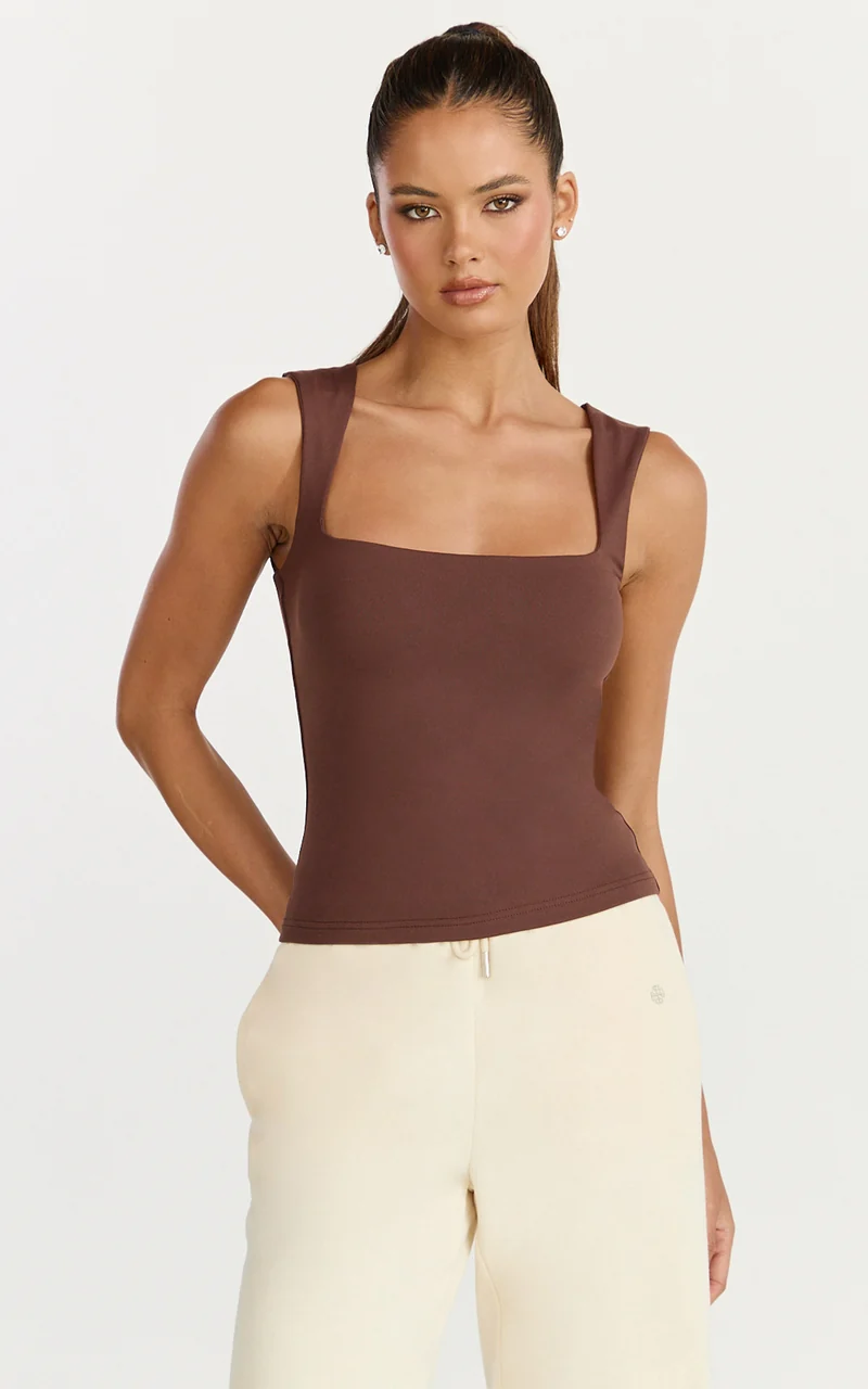 Ophelia Top - Square Neck Jersey Top in Chocolate