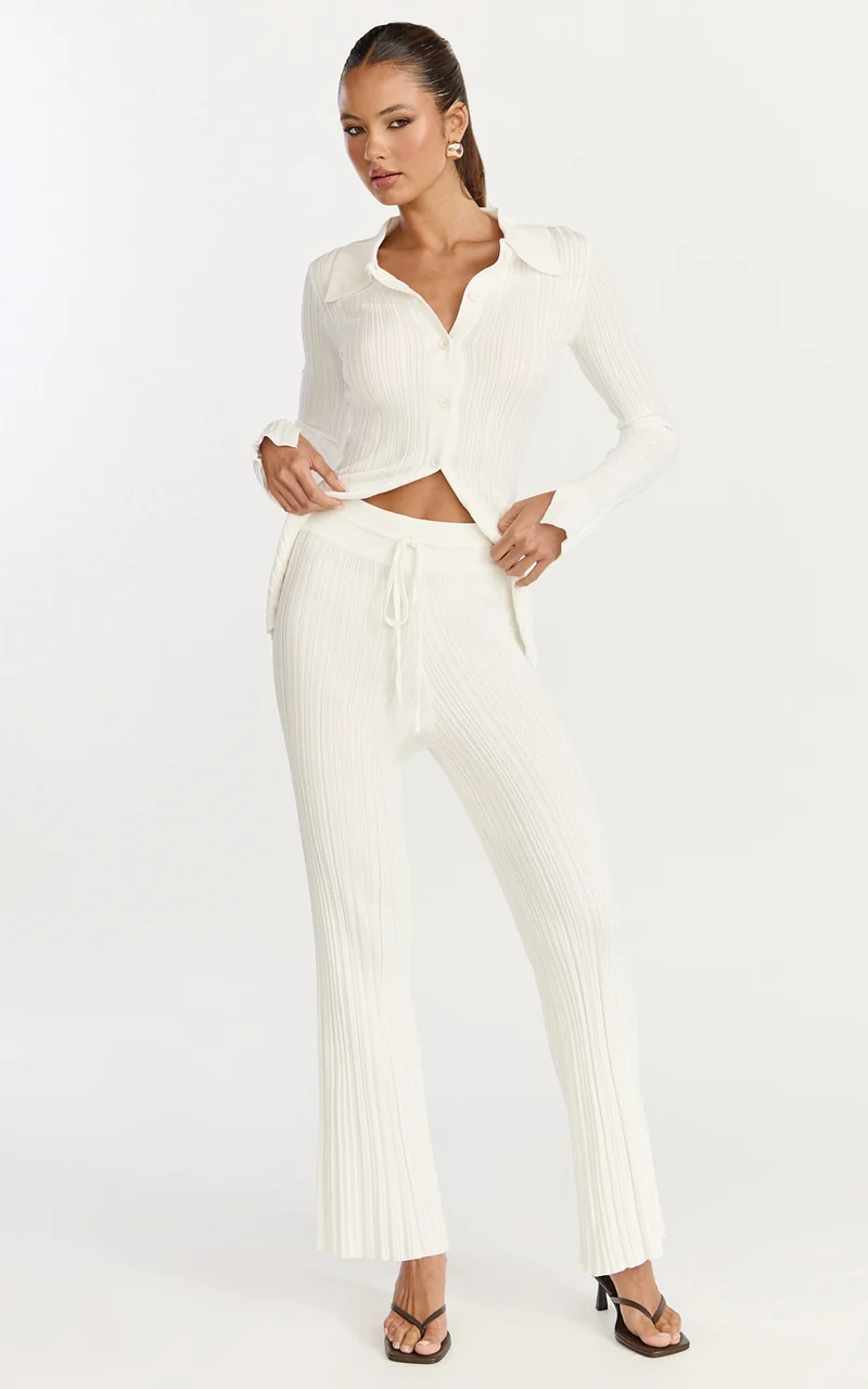 Kelsey Pants - High Drawstring Waist Knit Pants in Cream
