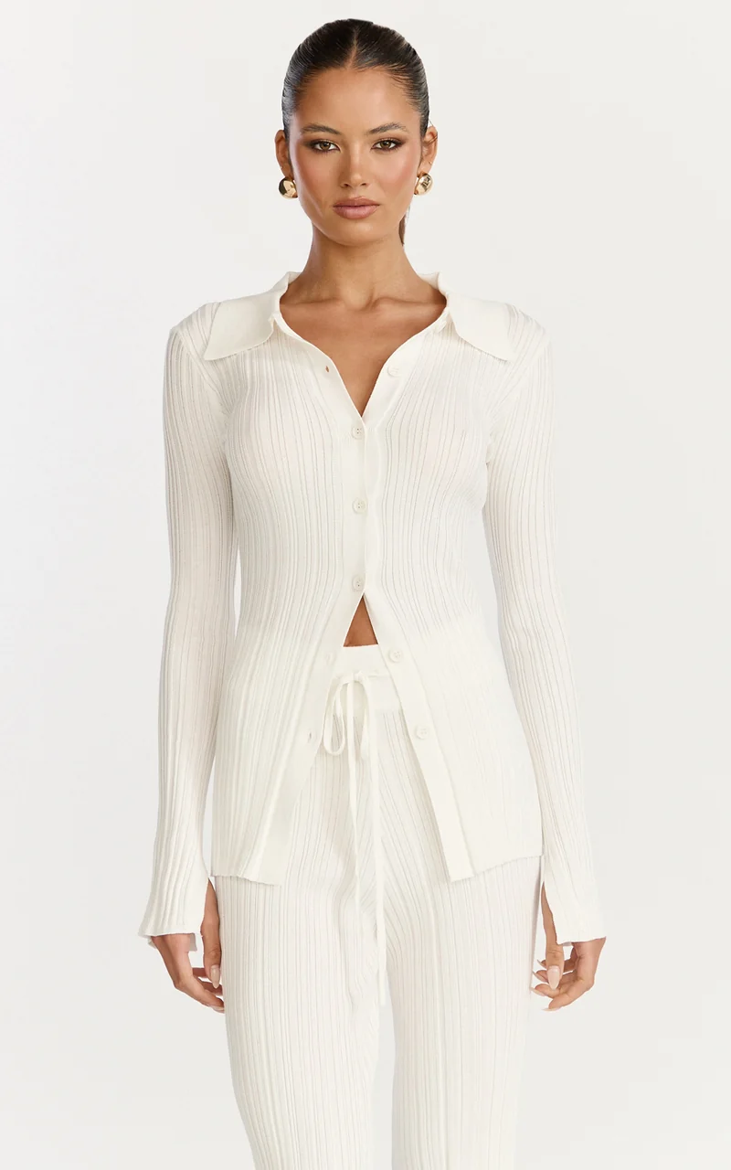 Kelsey Top - Button Through Long Sleeve Knit Top in Cream