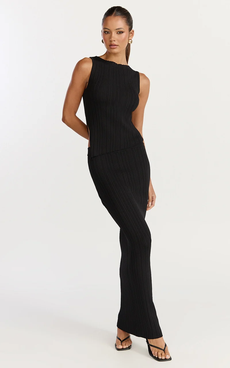 Klarisse Two Piece Top and Skirt Set - Asym Top and Maxi Skirt Set in Black