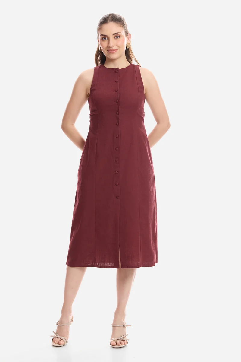 Fiara|100% Cotton Sleeveless Midi Dress