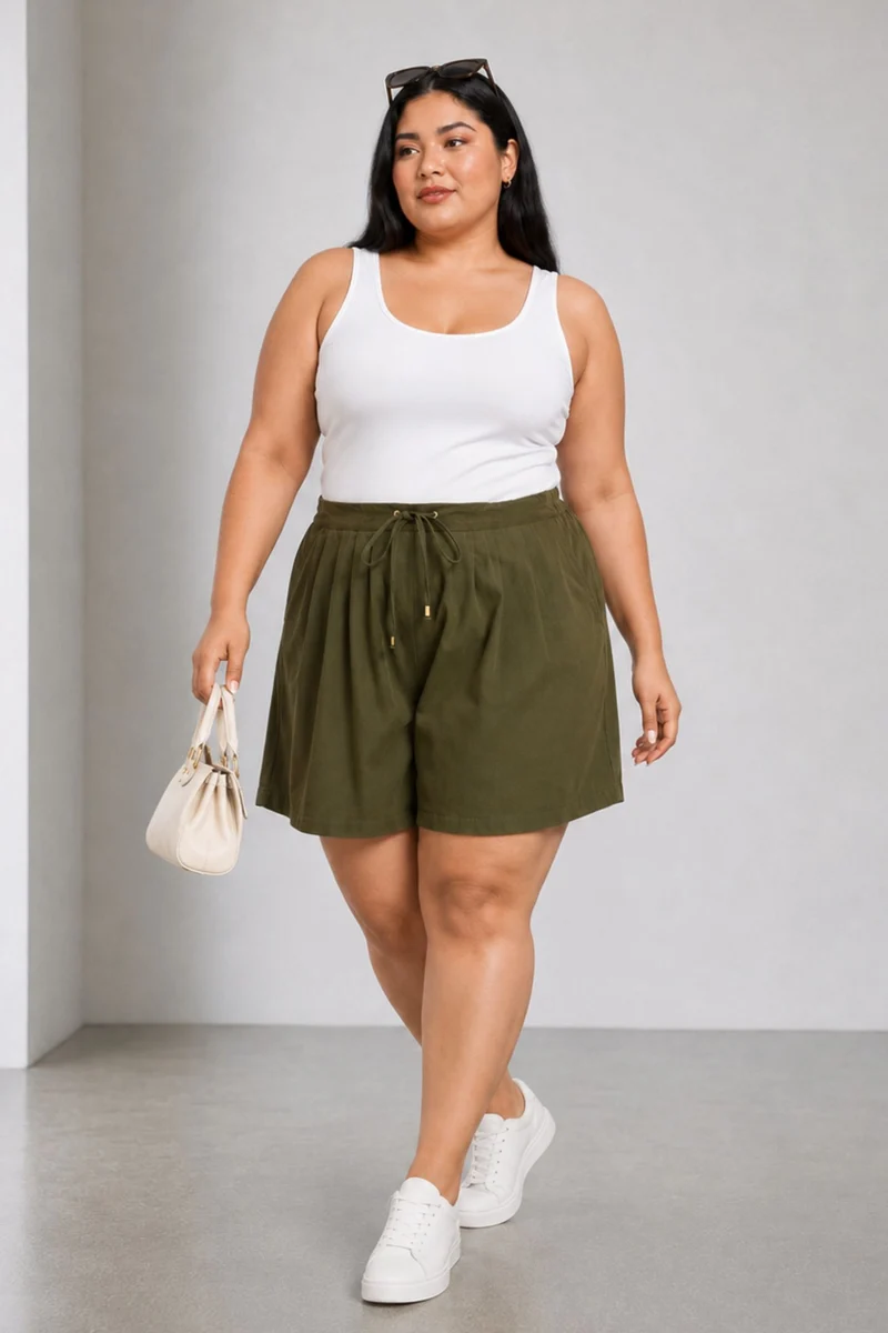 Daliya|100% Cotton Pleated Pull On Shorts