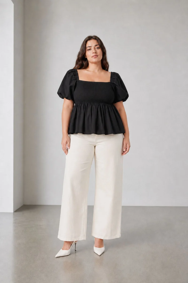 Aisve|100% Cotton Smocked Square Neck Top