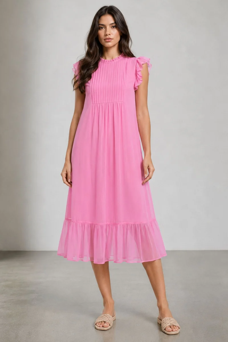 Rorna|100% Viscose Pintuck Midi Dress With Ruffles