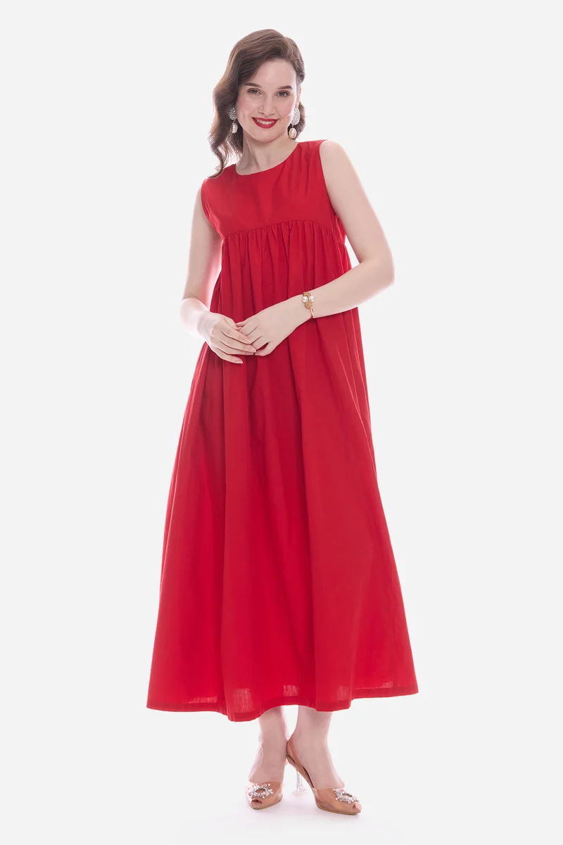 Mavia|100% Cotton Flared Maxi Dress With Pockets