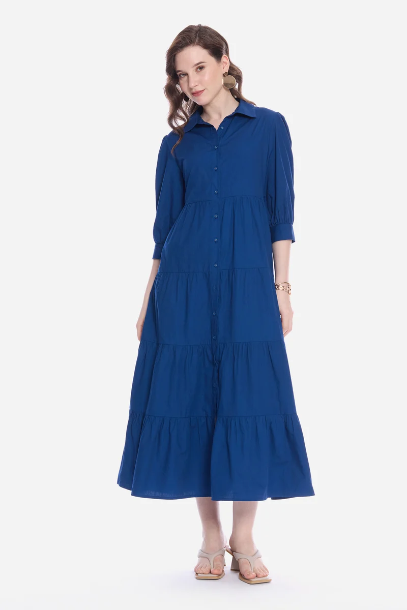 Olsla|100% Cotton Tiered Maxi Dress With Belt