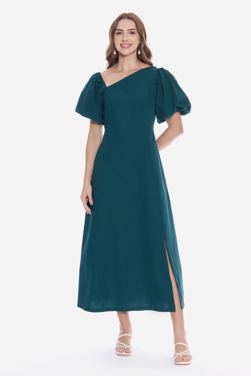 Rodia|100% Cotton Asymmetric Neck Maxi Dress
