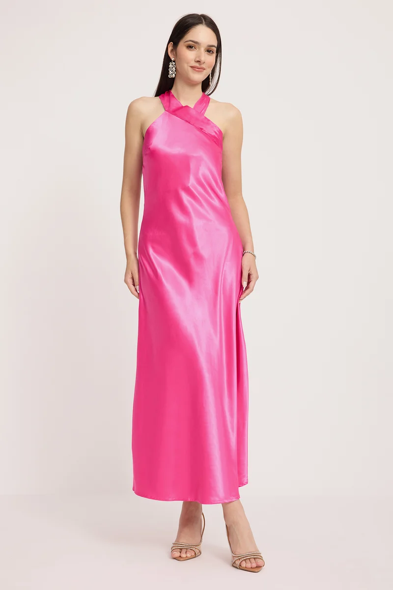 Siya|Rescued Polyester Halter Neck Slim Dress