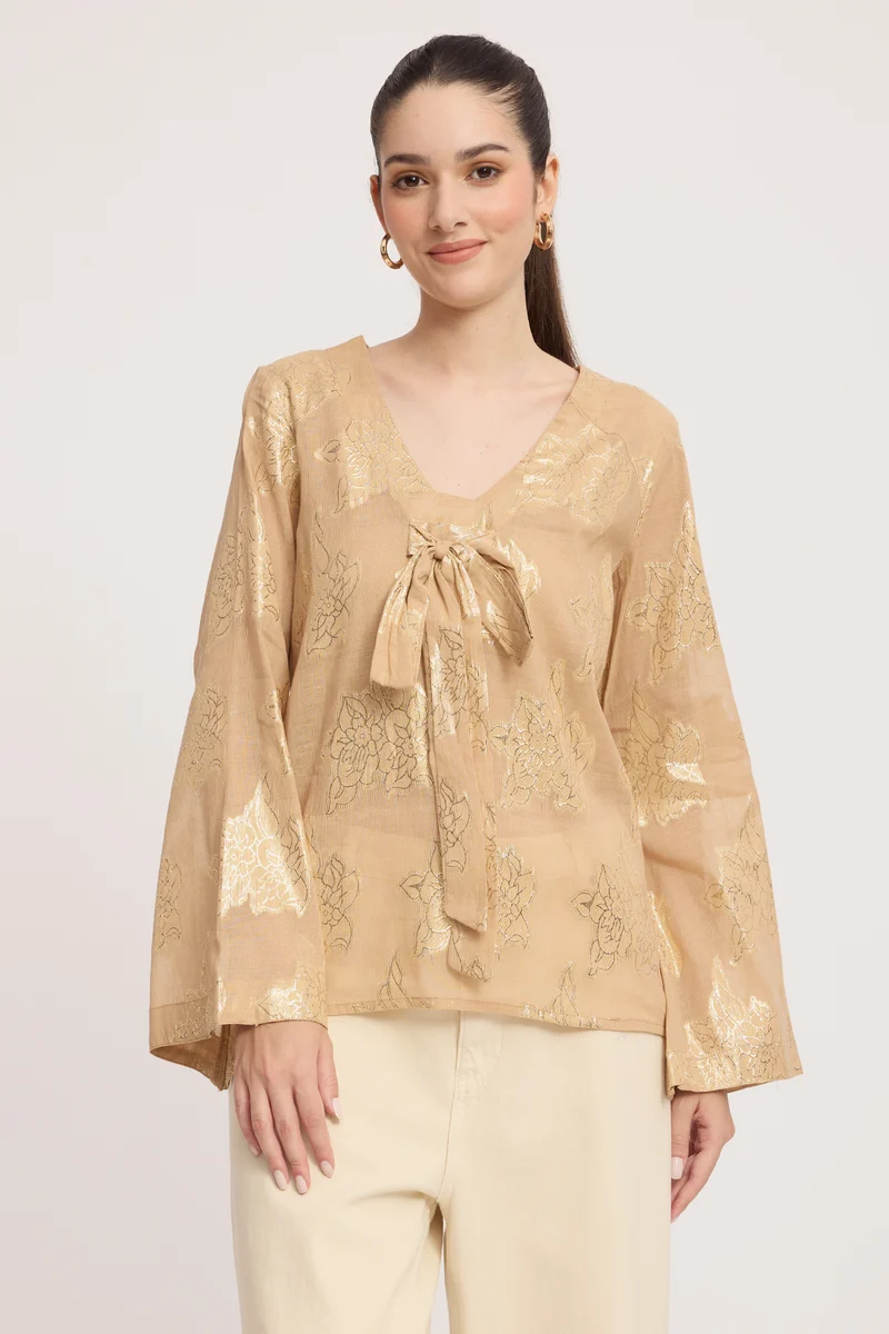 Lyaira|Cotton V-Neck Bow Detail Bell Sleeve Top