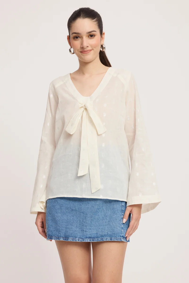 Inka|Cotton V-Neck Bow Detail Bell Sleeve Top