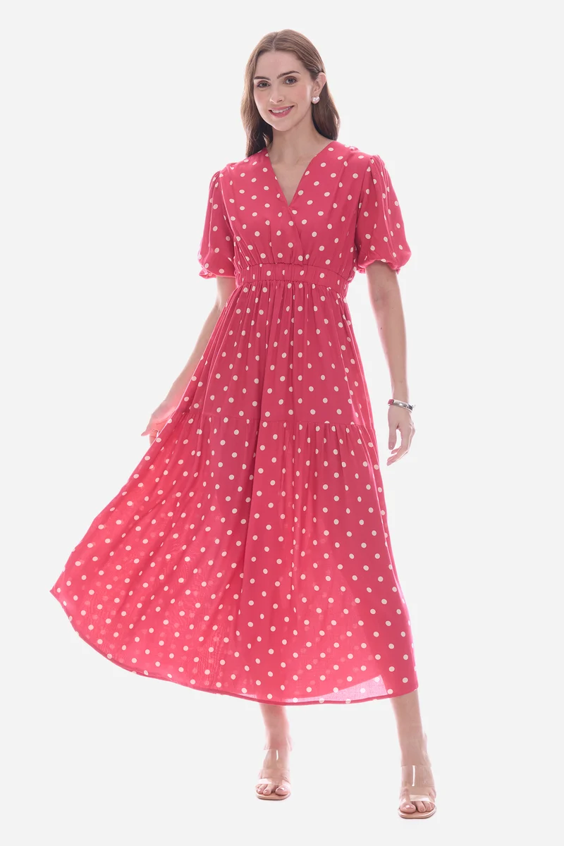 Emdy|100% Viscose Wrap Neck Midi Polka Dress