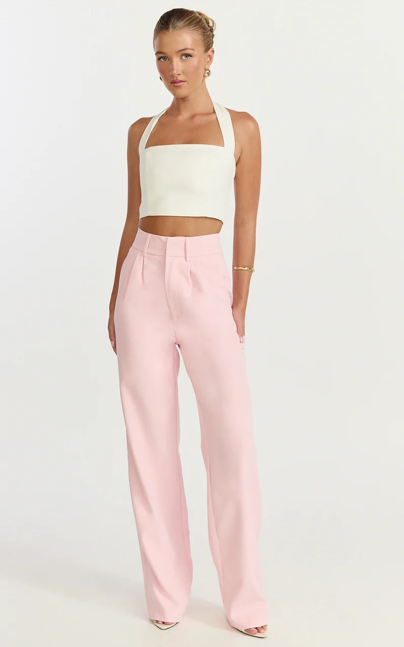 Melissa Pants - Pleat Front Wide Leg Tailored Pants in Pink