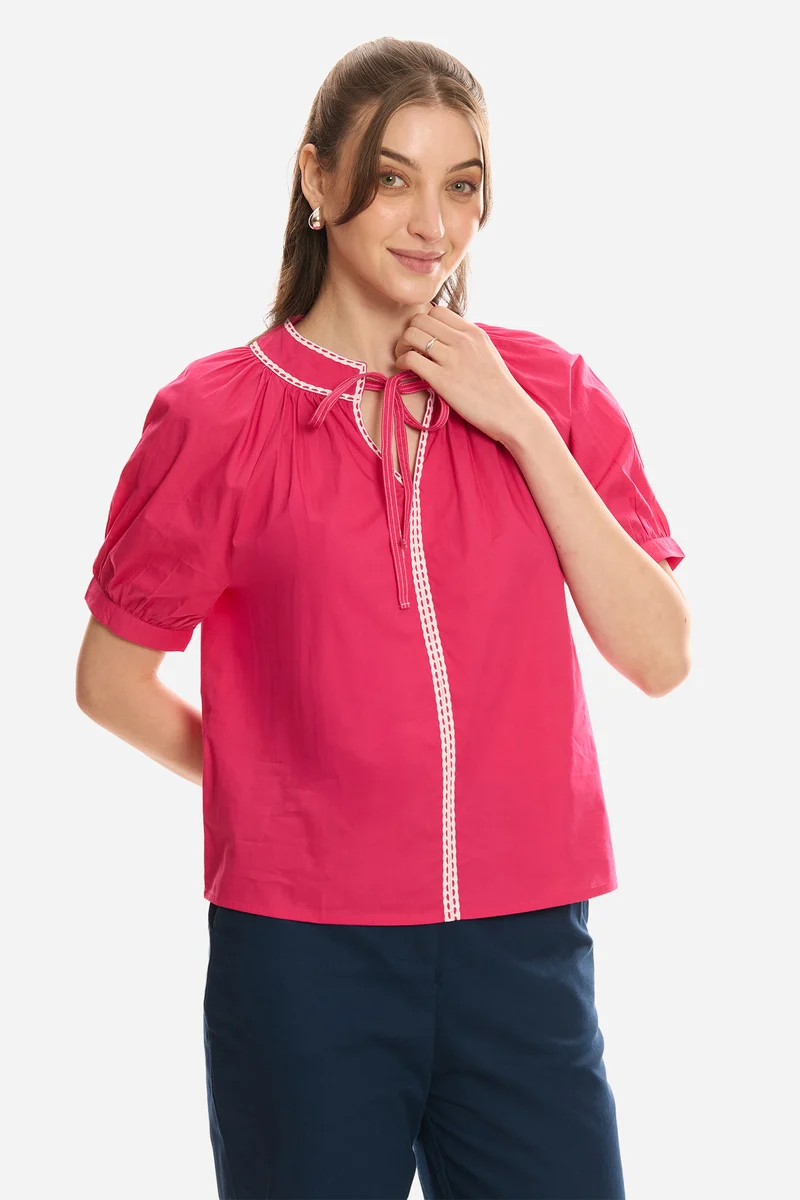 Elven|100% Cotton Puff Sleeve Tunic With Lace