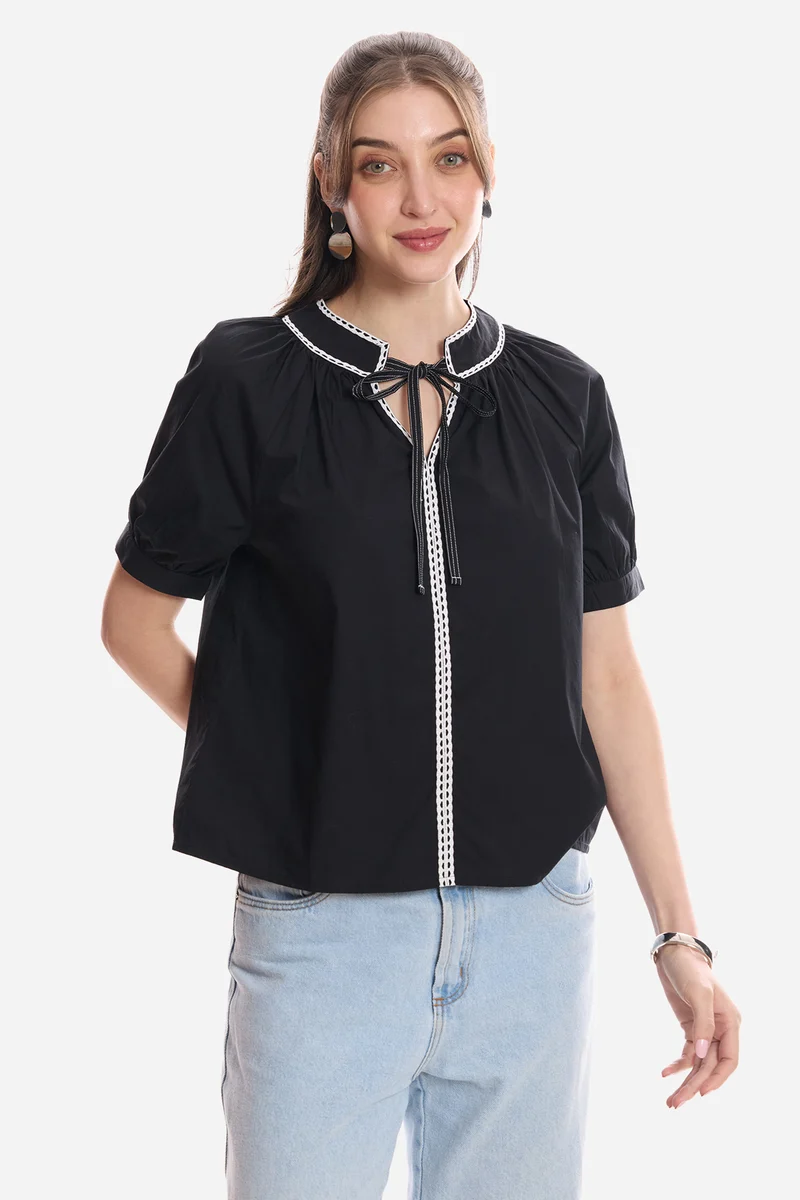 Elvie|100% Cotton Puff Sleeve Tunic With Lace
